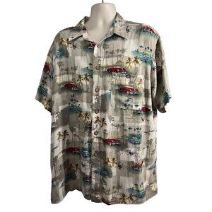 Mens Hawaiian Floral Button Up Camp Shirt XL Pocket Retro Classic Vintage Cars